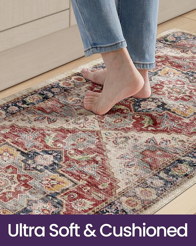 DEXI Kitchen Floor Mats Anti Fatigue, 23x59 Large Cushioned Vintage Runner Rug Waterproof, Standing Comfort Memory Foam Padded for Front Sink Laundry Office, Beige and Red