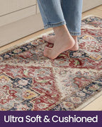 DEXI Kitchen Floor Mats Anti Fatigue, 23x59 Large Cushioned Vintage Runner Rug Waterproof, Standing Comfort Memory Foam Padded for Front Sink Laundry Office, Beige and Red