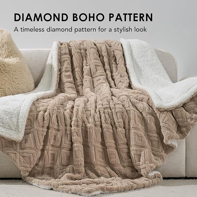 EverGrace Jacquard Boho Sherpa Fleece Throw Blanket for Couch, Super Soft Cozy Fuzzy Plush Blankets for Winter, Reversible Thick Warm Blanket for Bed, Sofa, Living Room, Khaki Tan, 60" x 80"