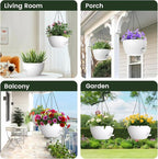 2 Pack 12 Hanging Flower Pots with Chains - Self Watering Plastic Planters for Indoor & Outdoor Plants, Sturdy Triangular Iron Chain Design for Garden PorchPlastic Hanging Flower pots (White)