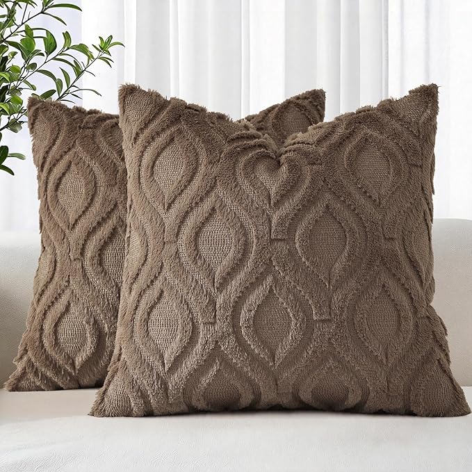 decorUhome Cozy Textured Throw Pillow Covers 16x16 Inch Set of 2, Soft Plush Faux Wool Brown Accent Couch Pillow Covers for Modern Farmhouse Sofa Bed Living Room
