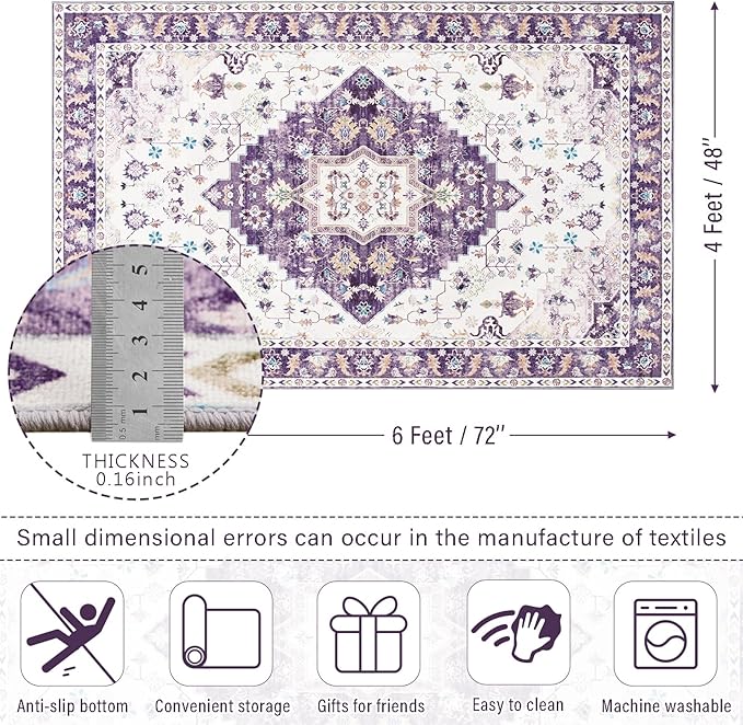 Amearea Vintage Design Area Rugs for Living Room, 4x6 Machine Washable Floral Collection Traditional Bedroom Rug, Low Pile Cute Kids Room Print Carpet, No Slip Office Kitchen Home Decor, Purple