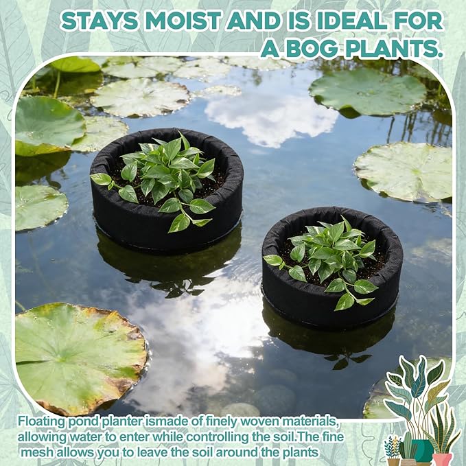 2 Pcs Floating Pond Planter Woven Fabric Floating Planters for Ponds Hydroponics Ponds Water Features and Decorations(Round,14 Inches/ 11 Inches)