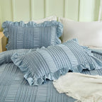 WONGS BEDDING Blue Comforter Set Queen,3 Pieces Ruffle Farmhouse Shabby Chic Boho Comforter for Queen Bed,Soft Seersucker Textured Bedding Set with 1 Ruffle Comforter,2 Tufted Pillowcases 90"×90"
