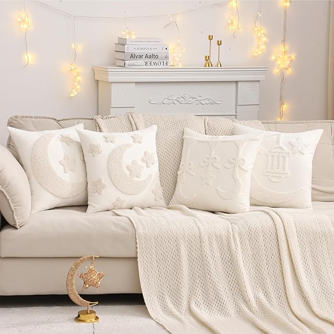 Tosleo Ramadan Pillow Covers 18x18 inch Set of 2 Beige Tufted Embroidery Throw Pillow Covers Ramadan Eid Mubarak Cushion Covers Moon and Star Decorations for Home Couch Sofa Outdoor