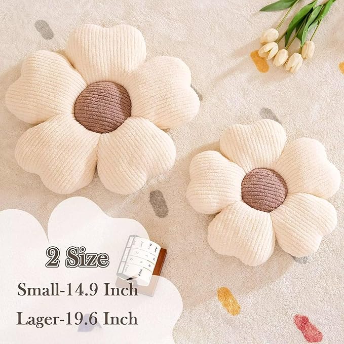 Flower Throw Pillow, Cute Flower Shaped Pillow Decorative Throw Pillow for Bed Couch, Soft Daisy Pillows Floor Seating Cushion Cushions (19.6 Inch Ivory+Brown)