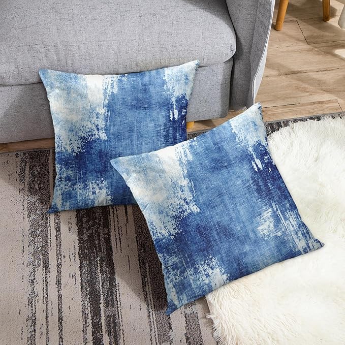 Britimes Throw Pillow Covers Modern Home Art Decor, 18 x 18 Inches Set of 2 Abstract Oil Painting Pillowcases for Bedroom, Living Room, Cushion Couch Sofa, Abstract White Blue