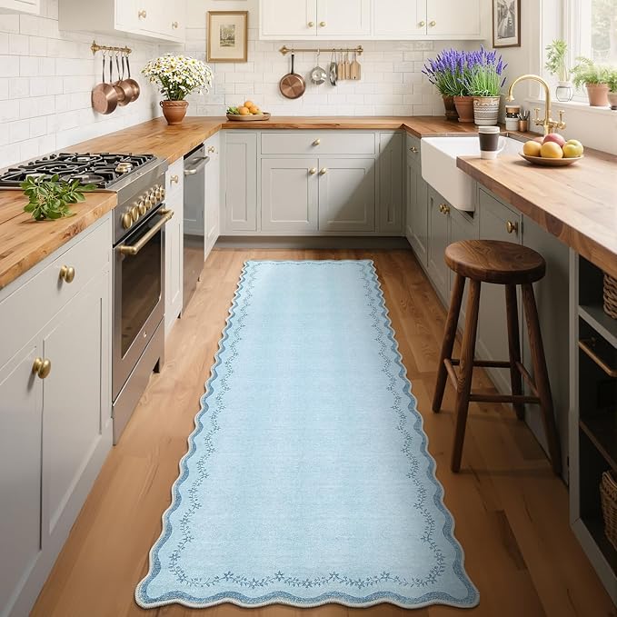 GarveeHome 2.5x8 Valentines Scalloped Washable Runner Rug for Kitchen, Soft Blue Long Hallway Runner Non Slip Entryway Rug Farmhouse Thin Laundry Mat Stain Resistant Carpet for Bathroom Beside Rug