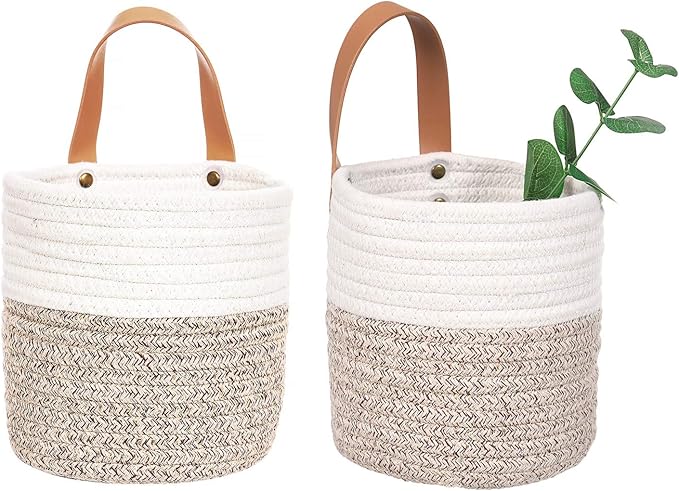 2pack Small Hanging Basket-Cotton Rope Wall Basket with Handle, Hanging Storage Baskets, Shelf Baskets Storage Bin Closet Organizer 6"×6.3", Woven Plant Basket - (White & Brown)