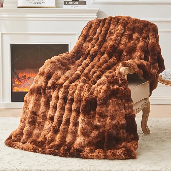 EMME Faux Fur Blanket Queen Size Tie Dye Dark Brown - Big Bubble Rabbit Cozy Blanket for Couch, Thick Furry Plush Shaggy Blankets, 650GSM, 90x90 Inches
