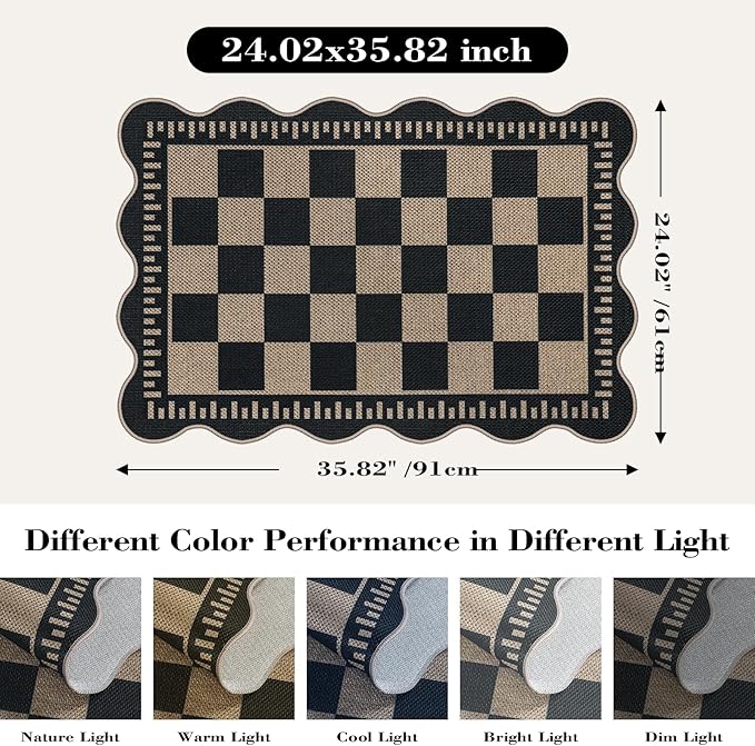 Checkered Easy Jute Entryway Rug, 2x3 Washable Non Slip Kitchen Rug, Indoor Outdoor Door Mat, Farmhouse Low Pile Floor Black Rugs for Porch Doorway
