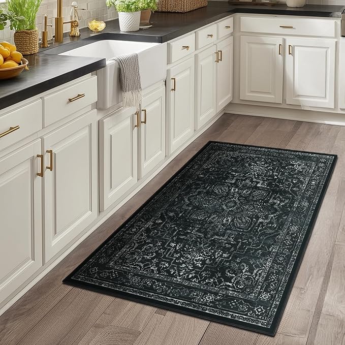 Black White 4x6 Throw Rugs for Entryway, Washable Dark Rug with Rubber Backing for Living Room Bedroom, Vintage Medallion Distressed Area Rug for Kitchen/Bathroom/Dorm/Home Office