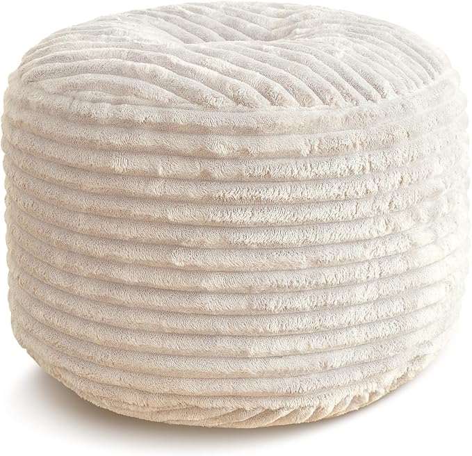 SHOUREN Stuffed Round Pouf Ottoman,Corduroy Foot Rest with Shredded Foam Filling, Lightweight and Fluffy Pouf Storage Ottoman for Living Room,Floor Poufs for Couch,18"x 14", Beige