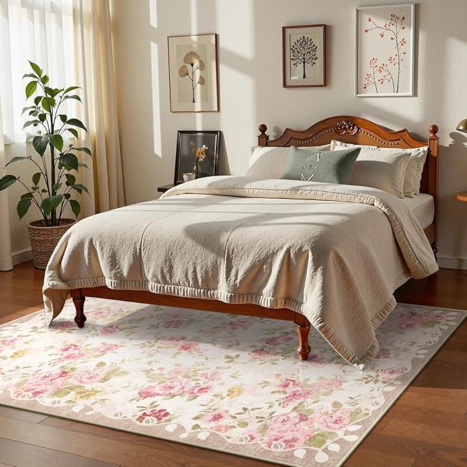 Lahome Washable Area Rug 6x9,Nursery Rug Girl Living Room Rug 6x9, Vintage Girls Rugs for Bedroom Ultra-Thin Non Slip Carpet for Playroom Dining Room Dorm Nina (6'X9',Beige)