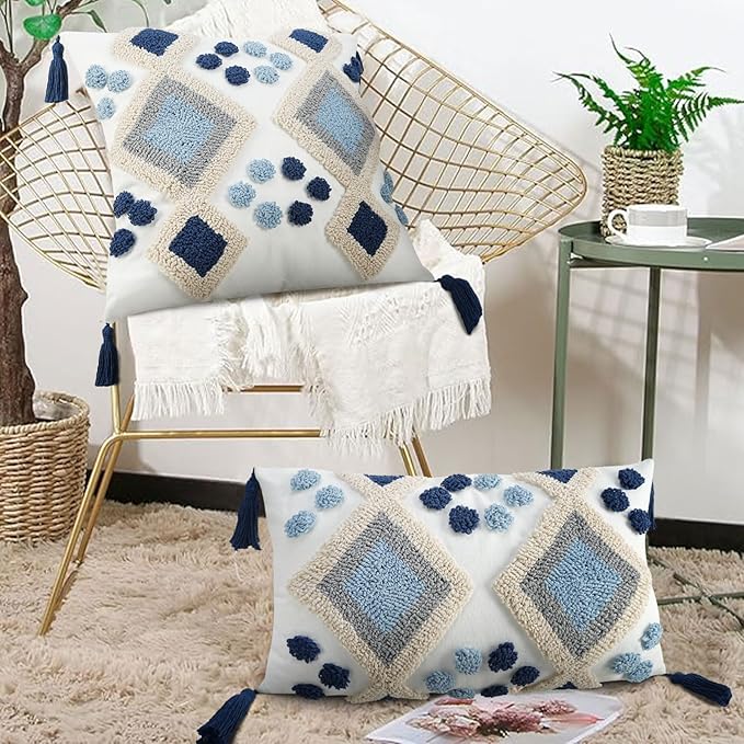 Blue Boho Decorative Lumbar Pillow Cover 18x18, Neutral Tufted Throw Pillow Cover, Modern Mid Century Farmhouse Pillow Cover Geometric Pillowcase with Tassels for Couch Bed Sofa Bedroom Living Room