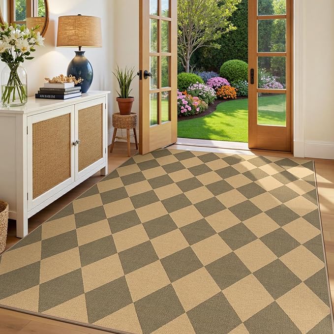 Lessymo Checkered Area Rugs 5x7 for Living Room, Washable Easy Jute Rug for Outdoor Patio Backyard Dining Room Bedroom, Non Slip Farmhouse Natural Indoor Outdoor Carpet, Diamond Brown/Beige