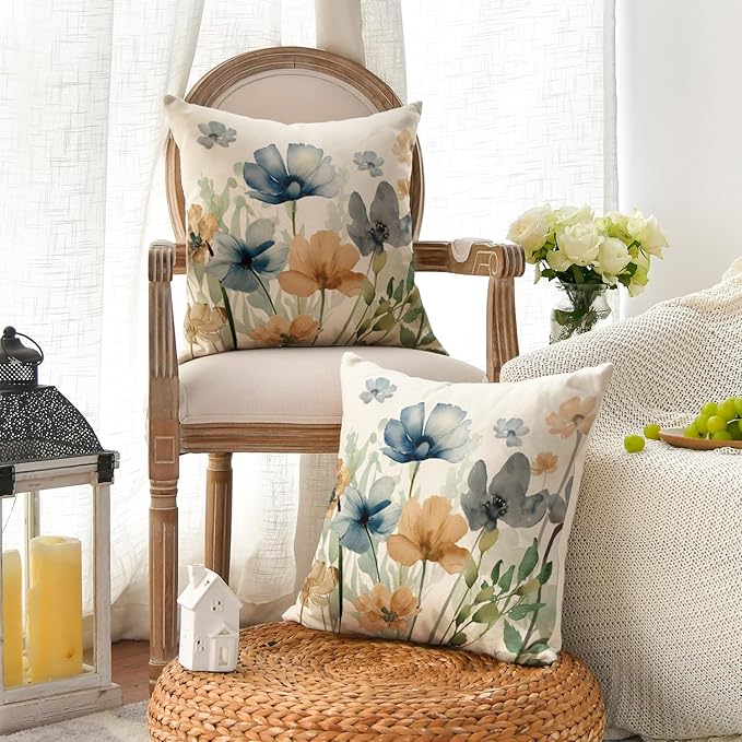 AVOIN colorlife Poppy Flowers Chinoiserie Throw Pillow Covers, 18 x 18 Inch Light Brown Blue Seasonal Leaves Cushion Case Decoration for Sofa Couch Set of 2