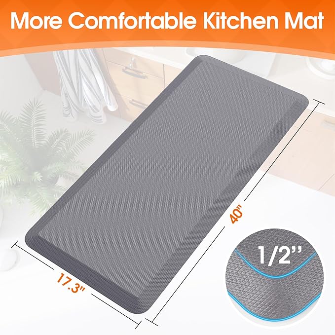 Kitchen Mat, Cushioned Thick Floor Comfort Mat, with Non-Slip Bottom, Waterproof & Stain Resistant & Easy Clean, Standing Desk Mat for Kitchen, Sink, Office (17.3''x39'', Grey)
