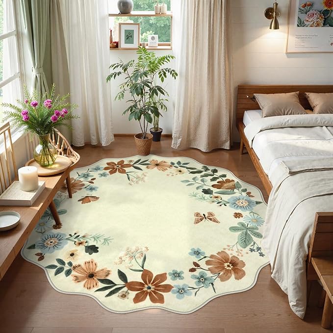 Lahome Floral Washable Round Rugs, Non-Slip Soft Round Rug 4ft Ultra-Thin, Small Boho Circle Carpet for Entryway Kitchen Bedroom Nursery Bathroom Flore, Beige