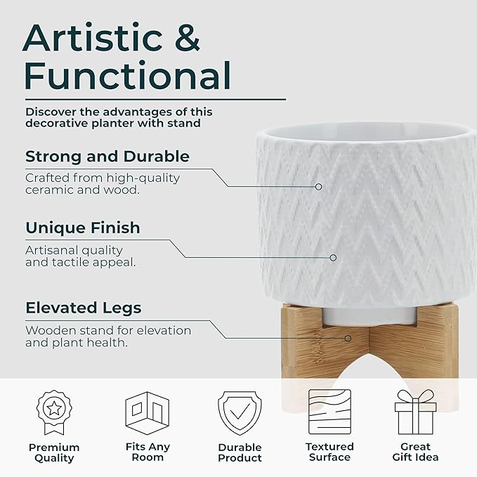 Ceramic Planter with Elevated Stand – Bamboo Indoor Plant Stand, Display for Greenery, Shelf or Patio Placement – Textured Round Design for Sculptural Height, Home Decor, Outdoor Decor – 8", White