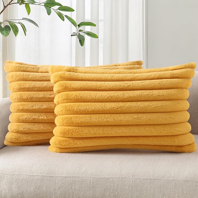 Pallene Faux Fur Plush Lumbar Throw Pillow Covers 12x20 Set of 2, Luxury Soft Fluffy Striped Decorative Pillow Covers for Sofa, Couch, Living Room, Mustard Yellow