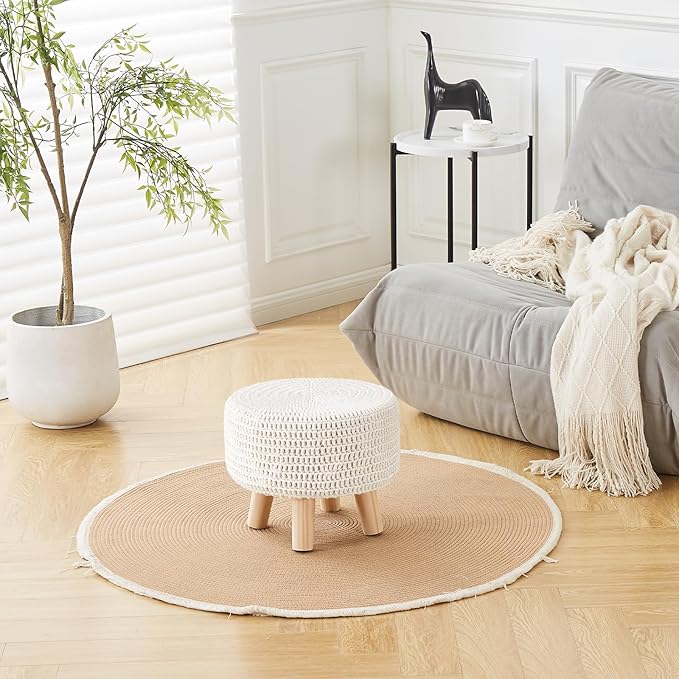 Wimarsbon Pouf Ottoman, 100% Cotton Knitted Boho Footstool, Round Footrest with Non-Skid Wood Legs, Home Décor Handmade Pouffe, Leisure Floor Step Stool for Living Room (Beige)