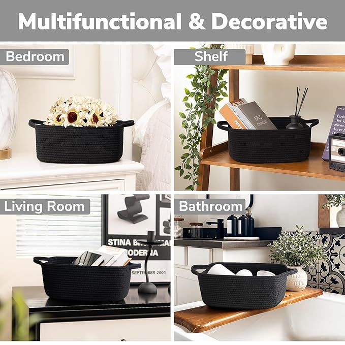 CHICVITA Storage Basket for Gifts, Cute Cotton Rope Baskets for Nursery, Small Gift Basket with Handles, Decorative Woven Baskets for Bathroom, 13 x 9.8 x 5 inches, Black