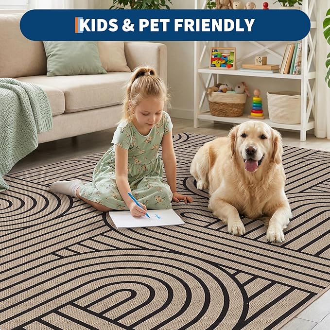GarveeHome Rainbow Easy Jute Rug 4x6 Washable Abstract Non Slip Living Room Ultra-Thin Bedroom Rug, Non Skid Backing Non Shedding Accent Carpet for Dining Room Office