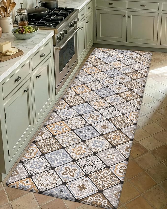 DEXI Anti Fatigue Kitchen Mats for Floor, 23x59, Cushioned Standing Padded Mat Waterproof, Comfort Runner Rug for Laundry Room Office, Brown Checkered