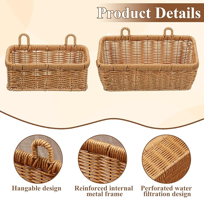Set of 2 Wall Hanging Baskets, Boho Style Hand-Woven Hanging Storage Basket, Plastic Woven Baskets with Hangers for Kitchen Home Decor Bathroom Living Room (Light Brown, Imitation Rattan Plastic)