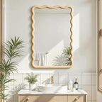 Wavy Mirror for Wall, 36"x24" Boho Bathroom Floor Vanity Mirror with Wooden Frame, for Bedroom, Living Room, Entryway, Farmhouse