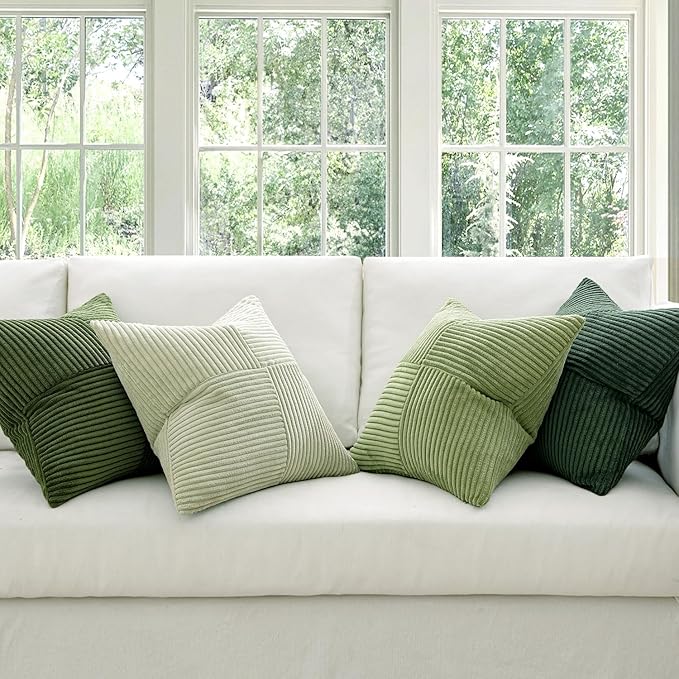 MIULEE Spring Green Decorative Throw Pillow Covers 16x16 Inch Set of 4 Boho Farmhouse Cushion Covers Mordern Nordic Pillow Cases Soft Corduroy Gradient Home Decor for Couch Sofa Living Room Bed