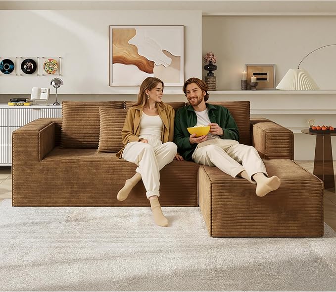 WLIVE 108'' Cloud Sectional Couches for Living Room, Modular Boneless Couch with Left Facing Chaise, L Shape Memory Foam Corduroy, with Cushion, Brown