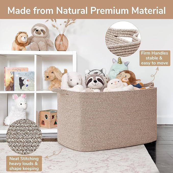 Goodpick 105L Large Woven Storage Basket, Rectangle Cotton Rope Basket for Blankets, Clothes, Oversized Toy Storage Organizer for Living Room, Nursery, 25"x16"x16", Brown