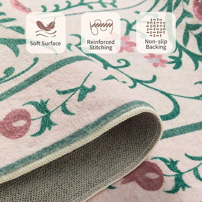 Pink Door Mat Floral Entryway Rug, Washable Samll 2x3 Rugs, Boho Front Door Mat, Non Slip Low Pile Throw Carpet for Indoor Entrance,Bathroom,Girls Room and Kitchen(Pink/Green 2x3ft)