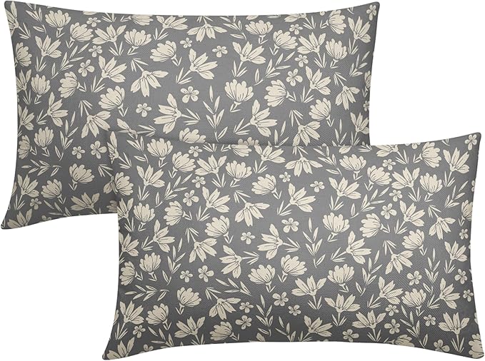 Grey Gray Pillow Covers 12x20 Set of 2 Vintage Floral Rustic Old Style Cute Flower Print Rectangle Decorative Outdoor Pillowcases Seasonal Farmhouse Throw Cushion Case Couch Sofa Bed Decor