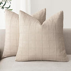 Foindtower Set of 2 Decorative Linen Check Throw Pillow Covers Neutral Farmhouse Vintage Cushion Covers Modern Boho Home Decor for Sofa Chair Couch Bedroom Living Room,26×26 Inch,Natural Linen