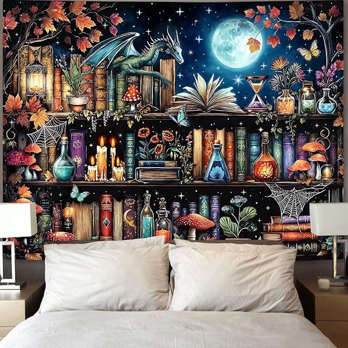 Accnicc Dragon Bookshelf Tapestry Witchy Mushroom Bookshelf Tapestries Wall Hanging Gothic Medieval Fantasy Moon Dark Academia Book Extra Large Tapestry for Bedroom Living Room Dorm 90 x 68 inch