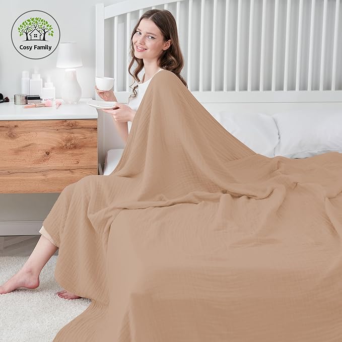 Cosy Family 6 Layer Muslin Bed Blanket - Breathable and Lightweight Gauze Boho Blanket for Spring, Soft 100% Cotton Muslin, Brown, 55x80 Inches