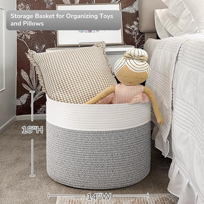 Goodpick Blanket Basket, 15.8"x15.8"x13.8" Woven Rope Basket for Blankets, Kids Toy Storage Organizer Bins, Toy Storage for Nursery, Light & Grey
