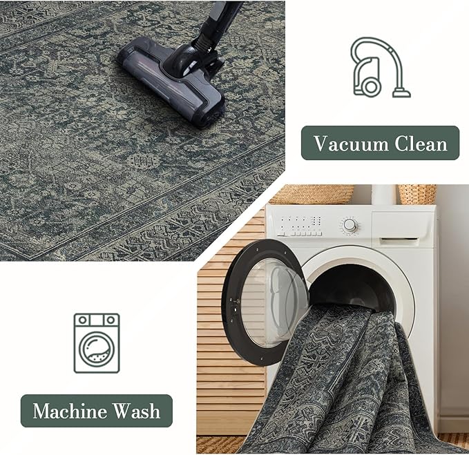 Area Rug 5×7, Large Vintage Boho Rug,Ultra-Soft Low Pile, Washable, Non Slip,Stain Resistant, Printed Carpet for Living Room Bedrooms Playroom Office Kitchen,Moss/Green