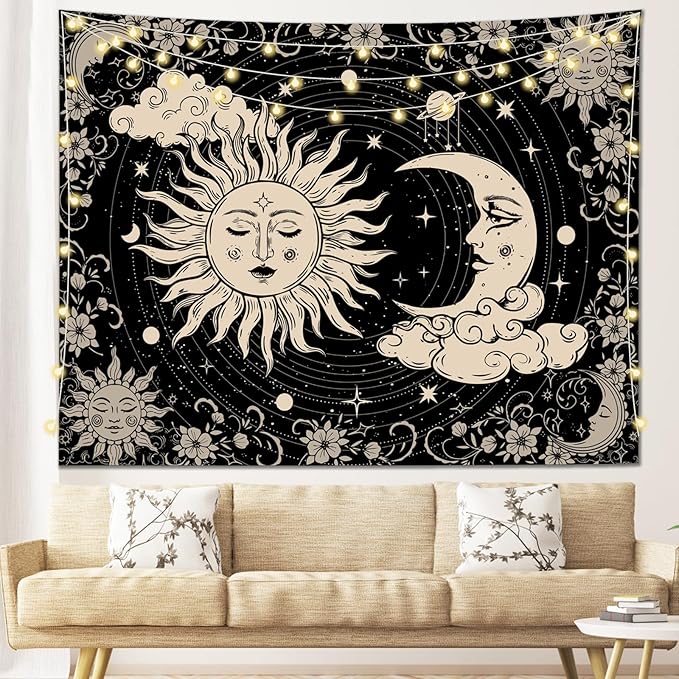 KJHL Black Sun and Moon Tapestry Wall Hanging 59ʺ x 79ʺ Boho Galaxy Celestial Aesthetic Tapestries for Bedroom Living Room Decor