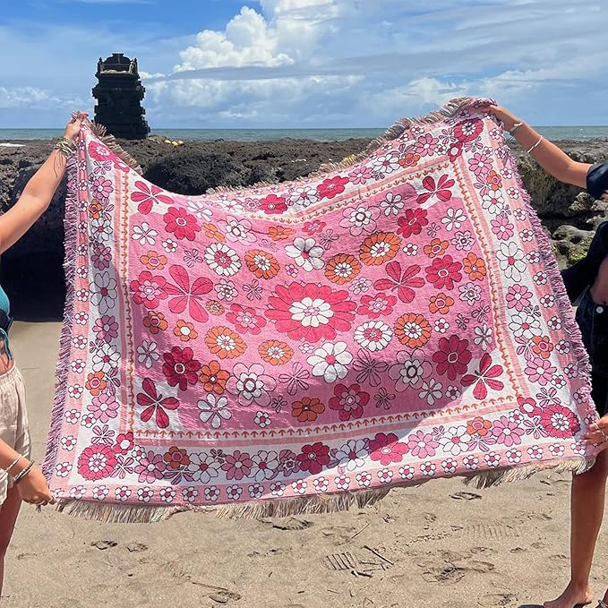 Snycler Flowers and Plants Throw Blanket for Bed 50 * 60inch Woven Blanket Cotton Polyester Farmhouse Decor for Indoor Outdoor Sofa Bedroom Garden，All Season （Dark Pink）