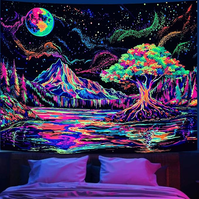 Zussun Blacklight Mountain Forest Tapestry Hippie Tree of Life Tapestries for Bedroom Aesthetic Glow in The Dark Moon and Stars Tapestry Wall Hanging for Living Room Dorm 48 × 36 Inch