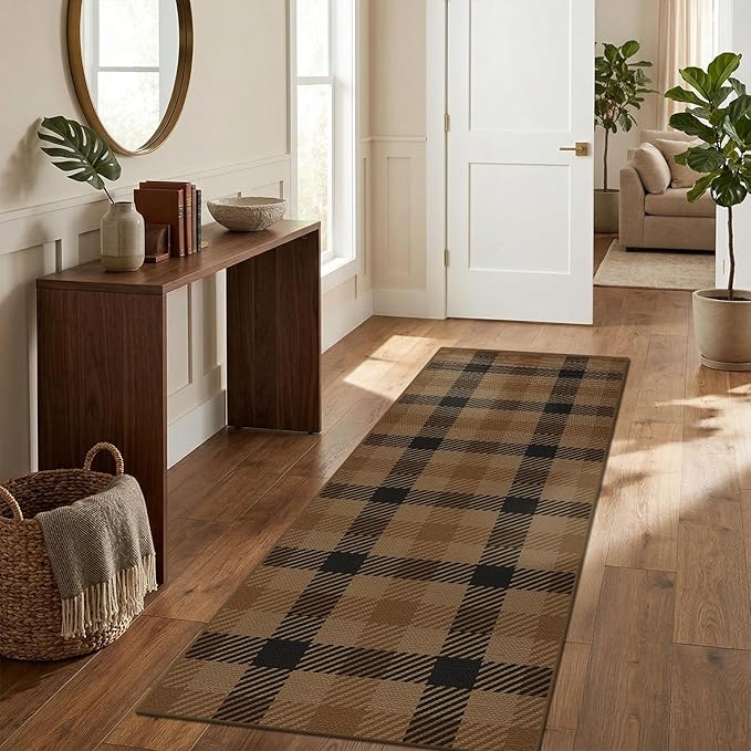 2x6 Runner Rug for Entrance Indoor - Brown Checkered Outdoor Runner Rug for Porch, Patio, Balcony, Non Slip Hallway Carpet 6ft, Washable Kitchen Mat - Easy Jute Earthy Tan Rustic Accent Décor