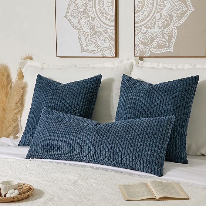 Kevin Textile 14x36 Inch Long Lumbar 1 Pack Boho Decorative Throw Pillow Cover Soft Striped Corduroy Rectangle Cushion Case Farmhouse Solid Color Accent for Living Room Couch Sofa Bed, Blue