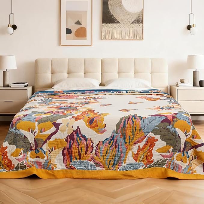 MACEVIA 100% Cotton Boho Throw Blanket, Soft Lightweight Butterfly Floral Design, 80"x90" Large Bedspread for Queen Bed, Couch Sofa, Cottagecore Decor(Butterfly Floral)