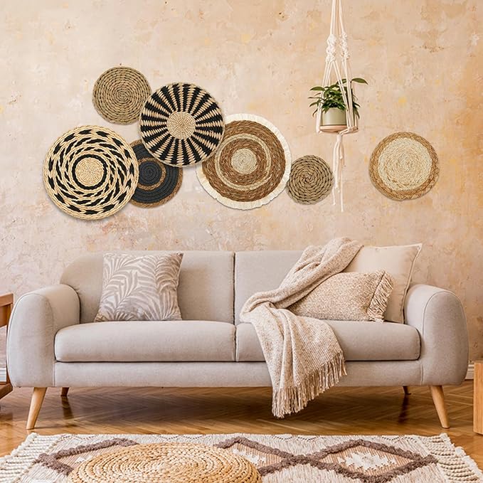 7Pack Boho Wall Basket Set Hanging Woven Wall Basket Decor Rattan Flat Round Wicker Wall Art Set Round Wall Art for Living Room Kitchen Office Bathroom Dining Room (Style 1)