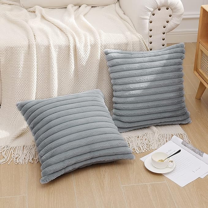 Pallene Faux Fur Plush Throw Pillow Covers 16x16 Set of 2, Luxury Soft Fluffy Striped Decorative Pillow Covers for Sofa, Couch, Living Room, Grey