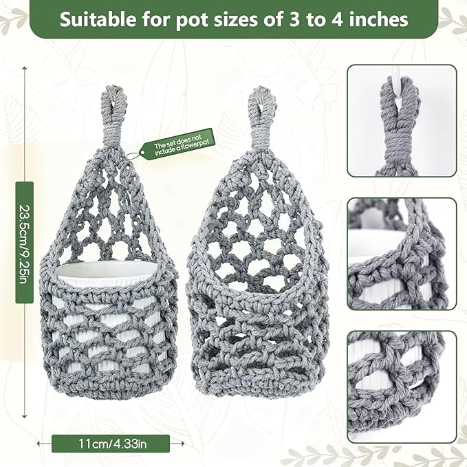 Macrame Wall Plant Hanger, Hanging Planter Basket Holder, Wall Planters for Indoor Plants, for Up to 4 Inch Pot (Grey, 4-Inch)